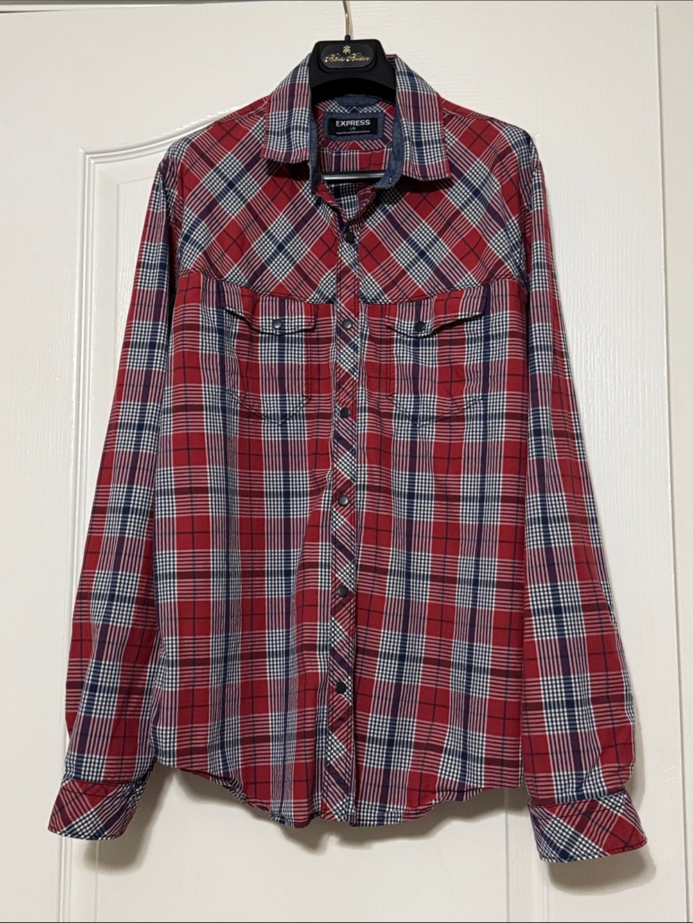 Express Red and Navy Plaid Button-Down Shirt